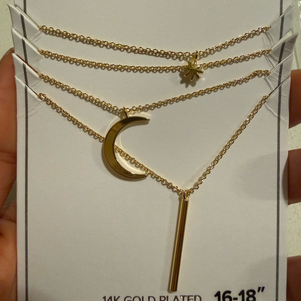 14K Gold Plated 925 silver Moon & Bar Layered Necklace Set - Women Jewelry